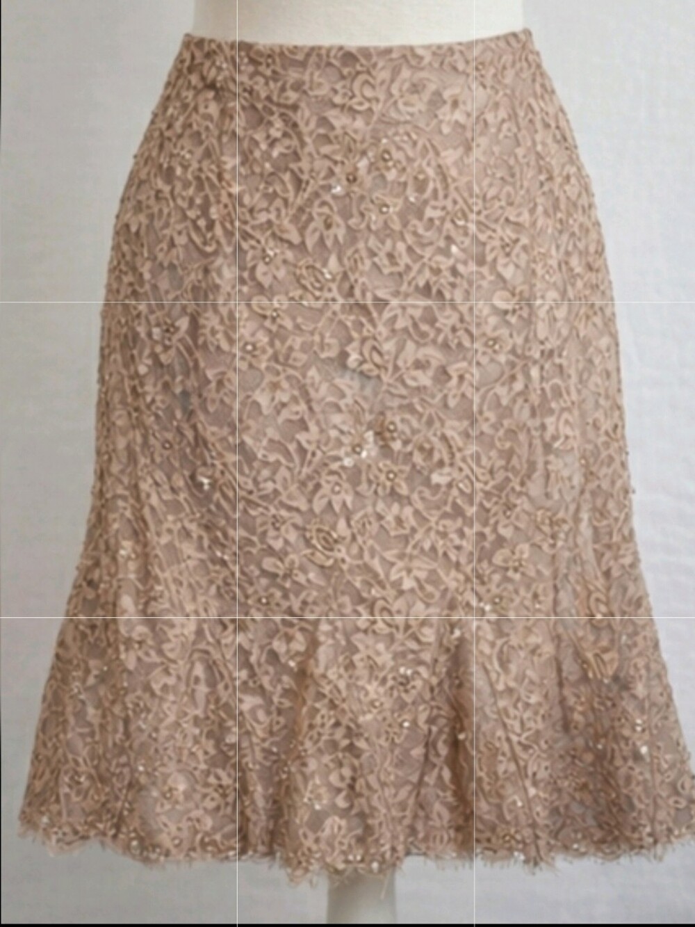 Vintage Silk Beaded Lace Trumpet Skirt Champagne Midi M L - Picture 1 of 11